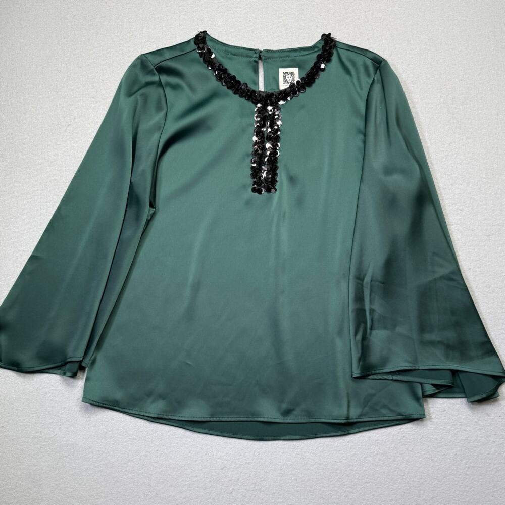 Anne Klein Women's Sequinned-Neck Flutter-Sleeve Top green small $119